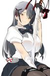  1girl azur_lane between_legs black_bow black_hair black_legwear black_skirt bow bralines breasts closed_mouth collared_shirt dress_shirt eyebrows_visible_through_hair hair_ornament hand_between_legs highres horns iaidou large_breasts long_hair looking_at_viewer miniskirt no_pupils orange_eyes pantyhose pleated_skirt red_horns shirt simple_background skirt smile solo straight_hair suzuya_(azur_lane) tassel thigh_strap white_background white_shirt youhei_64d 