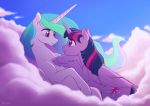  akeahi detailed_background duo equid feathered_wings feathers female feral friendship_is_magic horn mammal my_little_pony night outside princess_celestia_(mlp) sky star starry_sky twilight_sparkle_(mlp) winged_unicorn wings 