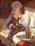  1girl absurdres babydoll bangs black_legwear black_panties blue_bow blunt_bangs bow breasts cleavage covering_mouth crescent crescent_moon_pin cup full_body goback hair_bow hat highres indoors large_breasts long_hair looking_at_viewer mob_cap on_bed panties patchouli_knowledge pillow purple_eyes purple_hair red_bow sitting solo thighhighs touhou tray underwear very_long_hair white_headwear 