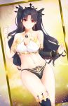  1girl absurdres armband ass_visible_through_thighs bare_shoulders black_hair black_ribbon breasts crown earrings fate/grand_order fate_(series) highres hoop_earrings huge_filesize ishtar ishtar_(fate)_(all) ishtar_(fate/grand_order) jewelry long_hair medium_breasts navel neck_ring red_eyes ribbon single_sleeve single_thighhigh smile solo thigh_gap thighhighs thighs udon-udon 