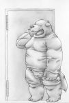 2012 anthro ao_(pixiv_145813) belly bottomwear canid canine canis clothing domestic_dog eyes_closed humanoid_hands kemono low_res male mammal monochrome shirt shorts sketch slightly_chubby solo tired topwear 