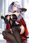  1girl armpits bangs black_dress black_gloves black_legwear blue_eyes blush breasts cape champagne_flute covered_nipples cup damao_yu dress drinking_glass elbow_gloves eyebrows_visible_through_hair gloves highres looking_at_viewer original parted_lips silver_hair sitting solo thighhighs 