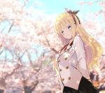  1girl arms_behind_back bangs black_ribbon black_skirt blazer blonde_hair blue_eyes blurry blurry_background blush bow center_frills cherry_blossoms closed_mouth commentary_request day depth_of_field eyebrows_visible_through_hair flower frills hair_ribbon highres jacket juliet_persia kishuku_gakkou_no_juliet long_hair long_sleeves natsupa outdoors petals pink_flower pleated_skirt red_bow ribbon shirt skirt smile solo standing striped striped_bow tree very_long_hair white_jacket white_shirt 