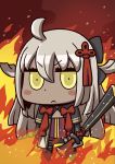  &gt;:( 1girl ahoge april_fools black_bow blonde_hair blush_stickers bow chibi dark_skin fate/grand_order fate_(series) fiery_background fire hair_between_eyes hair_bow highres holding holding_sword holding_weapon long_hair official_art okita_souji_(alter)_(fate) okita_souji_(fate)_(all) riyo_(lyomsnpmp) solo sword weapon yellow_eyes 