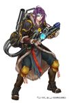 1boy boots brown_footwear fingerless_gloves flamethrower fur_trim gloves holding holding_weapon jewelry k2_(chandara) knee_pads long_hair male_focus necklace official_art pointy_ears purple_hair ring solo standing weapon yuba_no_shirushi 
