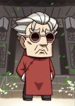  1boy april_fools changpao chibi chinese_clothes fate/extra fate/grand_order fate_(series) frown grey_hair hands_in_pockets highres leaf li_shuwen_(fate) long_sleeves official_art riyo_(lyomsnpmp) round_eyewear short_hair solo stairs sunglasses 