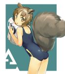  1girl absurdres animal_ears arknights ass brown_eyes brown_hair chinese_commentary eyebrows_visible_through_hair highres looking_back school_swimsuit shaw_(arknights) short_hair simple_background squirrel_tail swimsuit tail zhongye_yu 