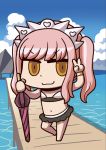  1girl :3 april_fools bangs bikini chibi cloud fate/grand_order fate_(series) highres holding holding_sword holding_weapon long_hair medb_(fate)_(all) medb_(swimsuit_saber)_(fate) navel official_art pier pink_hair riyo_(lyomsnpmp) solo swimsuit sword twintails v water weapon white_bikini yellow_eyes 