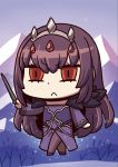  &gt;:( 1girl :&lt; april_fools chibi dress fate/grand_order fate_(series) highres holding holding_wand long_hair mountain official_art purple_dress purple_hair red_eyes riyo_(lyomsnpmp) scathach_(fate)_(all) scathach_skadi_(fate/grand_order) snowing solo tiara wand 