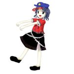  beret black_footwear blue_hair hat jiangshi miyako_yoshika ofuda oota_jun&#039;ya_(style) outstretched_arms parody shawl star style_parody touhou zombie_pose 