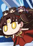  4girls april_fools black_bow black_hair black_wings blush_stickers bow chibi facial_mark fate/grand_order fate_(series) feathered_wings flying forehead_mark giantess hair_bow highres horns ishtar_(fate)_(all) long_hair multiple_girls multiple_persona o_o official_art on_person one_eye_closed pink_hair riding riyo_(lyomsnpmp) smile space_ishtar_(fate) star twintails wings yellow_eyes 