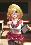  1girl blonde_hair blush breasts classroom collarbone eyebrows_visible_through_hair glasses greyfish13 hair_ornament hairclip highres indoors large_breasts looking_at_viewer midriff navel open_mouth original pencil pleated_skirt plump red_skirt school_uniform shiny shiny_hair shirt short_sleeves skirt solo thighhighs thighs uniform walking white_shirt zettai_ryouiki 