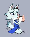  2020 4_fingers animal_crossing anthro blue_clothing blue_dress blue_eyes blush bodily_fluids breasts canid canine canis clothed clothing digital_media_(artwork) dress duo erection faceless_male female fingers genitals hair handjob human human_on_anthro interspecies kneeling looking_at_penis male male/female mammal nintendo oral penile penis pink_nose robedart saliva saliva_string sex simple_background small_breasts video_games white_hair whitney_(animal_crossing) wolf 