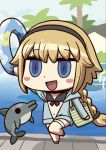  1girl animal april_fools bangs black_bikini_top black_hairband blonde_hair blush_stickers chibi dolphin fate/grand_order fate_(series) hairband highres holding innertube jeanne_d&#039;arc_(fate)_(all) jeanne_d&#039;arc_(swimsuit_archer) long_hair navel official_art open_mouth riyo_(lyomsnpmp) shadow smile solo_focus 