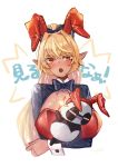  1girl ahoge animal_ears blonde_hair blue_neckwear blush bow bowtie breast_hold breasts bunny_ears bunnysuit crossed_arms dark_skin ear_blush elf embarrassed eyebrows_visible_through_hair fake_animal_ears familiar hair_between_eyes highres hololive kintsuba_(flare_channel) large_breasts long_hair looking_at_viewer naname_(7name) open_mouth panda pointy_ears ponytail red_eyes shiranui_flare shrug_(clothing) simple_background sparkle translated upper_body virtual_youtuber white_background wrist_cuffs 