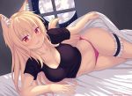  1girl :3 =3 animal_ears bangs bed bed_sheet black_shirt blanket blonde_hair blush breasts cat_ears cat_tail cleavage collarbone eyebrows_visible_through_hair fang fang_out fast-runner-2024 frills highres indoors long_hair looking_at_viewer lying medium_breasts moon navel night night_sky on_bed on_side original panties pink_panties red_eyes shirt short_sleeves sky smile smug solo tail thigh_strap tiffy_(fast-runner-2024) underwear window 