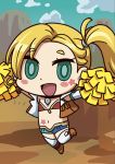  1girl april_fools blonde_hair blush_stickers calamity_jane_(fate/grand_order) chibi cloud cropped_vest fate/grand_order fate_(series) green_eyes highres long_hair midriff navel official_art open_mouth pom_pom_(clothes) riyo_(lyomsnpmp) side_ponytail smile solo star star_tattoo tattoo two-tone_shorts white_legwear yellow_pom_poms 