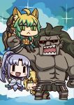  2boys 2girls :&lt; abs ahoge animal_ears april_fools asymmetrical_legwear atalanta_(fate) berserker blonde_hair blush_stickers brown_gloves caster_lily cat_ears chibi dark_skin dark_skinned_male fate/apocrypha fate/grand_order fate/stay_night fate_(series) gloves gold_armor gradient_hair green_eyes green_hair hiding highres holding holding_bow holding_staff jason_(fate/grand_order) long_hair multicolored_hair multiple_boys multiple_girls official_art open_mouth ponytail purple_gloves purple_hair riyo_(lyomsnpmp) sharp_teeth sitting sitting_on_person smile staff sweat teeth two-tone_hair 