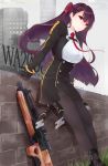  1girl against_wall breasts brick_wall bullpup character_name copyright_name girls_frontline gloves gun highres large_breasts long_hair looking_at_viewer necktie pantyhose purple_hair red_eyes red_neckwear red_ribbon ribbon rifle sniper_rifle solo thighband_pantyhose twintails udon-udon wa2000_(girls_frontline) wall walther walther_wa_2000 weapon 