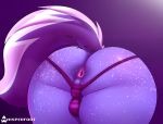  2020 anthro anus backsack balls balls_in_panties berry_frost big_butt bodily_fluids bulge butt butt_shot clothing digital_media_(artwork) dock equid equine faceless_male genitals male mammal multicolored_tail purple_background simple_background solo sweat text whisperfoot 