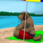  1:1 2009 anthro ao_(pixiv_145813) beach canid canine canis clothing domestic_dog eyes_closed food kemono low_res male mammal outside overweight overweight_male popsicle seaside sitting solo swimwear water 