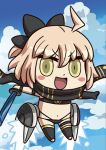  1girl ahoge aircraft airplane april_fools bikini black_bikini black_bow black_gloves blonde_hair blush_stickers bow chibi fate/grand_order fate_(series) gloves hair_bow highres jet looking_at_viewer medium_hair official_art okita_souji_(fate)_(all) okita_souji_(swimsuit_assassin)_(fate) outstretched_arms riyo_(lyomsnpmp) single_glove smile solo swimsuit water yellow_eyes 