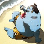  1:1 2010 anthro beach belly blue_body bottomwear clothing fish-men_(one_piece) humanoid_hands jinbe kemono male marine one_piece outside overweight overweight_male scar seaside shorts sitting solo water まぐまたいし 