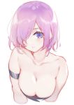 1girl armlet breasts cleavage collarbone fate/grand_order fate_(series) hair_over_one_eye large_breasts looking_at_viewer mash_kyrielight parted_lips pink_hair purple_eyes short_hair simple_background solo upper_body white_background xiaoshou_xiansheng 