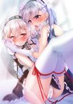  2girls apron azur_lane bangs belfast_(azur_lane) blue_eyes blush braid breasts chain choker cleavage collar collarbone dress eyebrows_visible_through_hair french_braid frills gloves hair_between_eyes highres imo_bouya large_breasts long_hair looking_at_viewer maid maid_apron maid_headdress multiple_girls open_mouth panties puffy_sleeves red_eyes ribbon short_hair short_sleeves silver_hair sirius_(azur_lane) sitting smile thighhighs thighs tongue tongue_out underwear white_dress white_gloves white_hair white_legwear white_panties yuri 