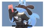  2020 anthro blue_body blue_fur canid canine celescario clothing english_text eyes_closed fur hi_res lucario male mammal nintendo phone pok&eacute;mon pok&eacute;mon_(species) profanity shirt simple_background smile solo text topwear video_games 