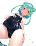  1girl :&lt; alternate_costume bare_shoulders blue_swimsuit blush breasts collarbone covered_navel cowboy_shot double_bun dutch_angle eyebrows_visible_through_hair from_below green_hair hand_on_own_chest hand_on_own_thigh hand_up heart heart-shaped_pupils highres hololive looking_at_viewer one-piece_swimsuit red_eyes school_swimsuit small_breasts solo swimsuit symbol-shaped_pupils thighs uruha_rushia virtual_youtuber water water_drop wet white_background yasuyuki 