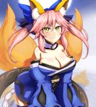  1girl animal_ear_fluff animal_ears bare_shoulders blue_kimono blue_ribbon breasts cleavage collarbone commentary commentary_request detached_sleeves eyebrows_visible_through_hair fate/extra fate/extra_ccc fate/grand_order fate_(series) fox_ears fox_girl fox_tail hair_ribbon japanese_clothes kimono large_breasts light_smile looking_at_viewer multiple_tails pink_hair ribbon solo tail tamamo_(fate)_(all) tamamo_no_mae_(fate) yellow_eyes yoroi_kabuto 