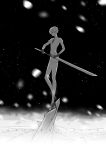  1other antarcticite artist_name bare_legs black_gloves black_neckwear bloodcat_(babacatcat) character_name fog from_side gem_uniform_(houseki_no_kuni) gloves greyscale high_heels holding holding_sword holding_weapon houseki_no_kuni ice monochrome motion_blur necktie outdoors sheath short_hair shorts sky snowing solo standing star_(sky) starry_sky stiletto_heels sword unsheathing weapon 