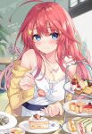  1girl absurdres ahoge bare_shoulders blue_eyes cake closed_mouth commentary_request dress food fork go-toubun_no_hanayome hair_ornament highres holding jacket long_hair looking_at_viewer nakano_itsuki off_shoulder open_clothes open_jacket plate red_hair sakura_honoka_(srhk0623) sleeveless sleeveless_dress slice_of_cake solo spaghetti_strap star star_hair_ornament tiered_tray white_dress yellow_jacket 