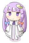  1girl arnest bangs blue_bow blunt_bangs bow chibi crescent crescent_hair_ornament dress eyebrows_visible_through_hair full_body hair_bow hair_ornament long_hair long_sleeves looking_at_viewer neck_ribbon no_hat no_headwear patchouli_knowledge purple_eyes purple_hair purple_ribbon red_bow ribbon simple_background solo striped striped_dress touhou white_background 