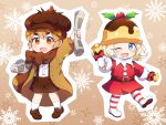  2girls :d ;d bell belt belt_buckle blonde_hair blue_eyes blush boots bow brown_background brown_belt brown_bow brown_eyes brown_footwear brown_hair brown_headwear brown_jacket brown_shorts buckle cabbie_hat caramell0501 character_request cookie_run dress dress_shirt fur-trimmed_sleeves fur_trim hat highres holding jacket loafers looking_at_viewer mittens multiple_girls newspaper one_eye_closed open_clothes open_jacket open_mouth outline outstretched_arm patches red_dress shirt shoes short_eyebrows shorts simple_background smile snowflake_background socks striped striped_footwear striped_legwear suspender_shorts suspenders thick_eyebrows thigh_boots thighhighs white_legwear white_mittens white_outline white_shirt 