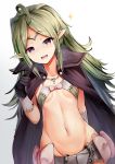  1girl ahoge belt black_gloves breasts circlet commentary_request fire_emblem fire_emblem_awakening gloves green_hair long_hair looking_at_viewer manakete navel nowi_(fire_emblem) pointy_ears purple_eyes se-u-ra sidelocks simple_background small_breasts smile solo stomach white_background 