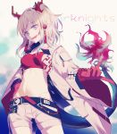  1girl :d arknights bandeau bangs bead_bracelet beads bracelet breasts character_name coat commentary_request copyright_name cowboy_shot eyebrows_visible_through_hair grey_background half_updo hand_on_hip head_tilt highres horns idass_(1155101099) jewelry long_sleeves medium_breasts midriff multicolored_hair navel nian_(arknights) open_clothes open_coat open_mouth partial_commentary pointy_ears purple_eyes red_hair short_hair short_shorts shorts silver_hair smile solo standing stomach strapless streaked_hair tail tubetop white_coat white_shorts wide_sleeves 