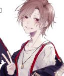  1boy bangs blush brown_hair collarbone eyebrows_visible_through_hair grin hair_between_eyes jacket jewelry looking_at_viewer myuhuaki off_shoulder open_clothes open_jacket original pendant red_eyes short_hair simple_background smile solo suspenders upper_body v white_background 