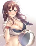  1girl ball bangs beachball bikini blue_eyes blush braid breasts brown_hair cleavage gradient gradient_background hair_ribbon juurouta kantai_collection large_breasts long_hair midriff navel noshiro_(kantai_collection) open_mouth ribbon scrunchie shirt simple_background solo swimsuit tied_shirt twin_braids twitter_username upper_body water white_shirt wrist_scrunchie 