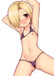  1girl arm_behind_head arm_up armpits ass_visible_through_thighs bikini black_bikini blonde_hair blush breasts cameltoe commentary_request hair_over_one_eye idolmaster idolmaster_cinderella_girls looking_at_viewer micro_bikini navel nipples open_mouth shirasaka_koume short_hair simple_background sleeves_past_wrists small_breasts smile solo swimsuit toshishikisai white_background 