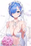  1girl absurdres bangs bikini_top blue_eyes blue_hair blush bouquet breasts bridal_veil cleavage closed_mouth collarbone dated earrings fingernails flower freng hair_ornament hair_over_one_eye highres jewelry large_breasts lips pink_flower re:zero_kara_hajimeru_isekai_seikatsu rem_(re:zero) shiny shiny_hair short_hair signature simple_background smile solo upper_body veil white_bikini_top x_hair_ornament 