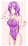  1girl ass_visible_through_thighs braid breasts collarbone commentary_request competition_swimsuit cowboy_shot highleg highleg_swimsuit highres large_breasts long_hair looking_at_viewer melty_blood one-piece_swimsuit purple_eyes purple_hair purple_swimsuit single_braid sion_eltnam_atlasia solo soukitsu standing swimsuit tsukihime twitter_username 