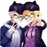  2girls alpha_(yukai_na_nakamatachi) bespectacled black-framed_eyewear black_headwear blonde_hair blush breasts eyebrows_visible_through_hair glasses green_eyes grey_eyes grey_hair grey_hoodie hair_between_eyes hat hood hoodie idolmaster idolmaster_cinderella_girls long_sleeves looking_at_viewer medium_breasts miyamoto_frederica multiple_girls open_mouth parted_lips purple_hoodie rectangular_eyewear shiomi_shuuko short_hair smile teeth v 