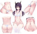 1girl arknights ass bangs bare_arms bare_shoulders bra breasts ch&#039;en_(arknights) commentary dragon_horns eyebrows_visible_through_hair hands_on_hips highres horns jsscj looking_at_viewer low_twintails medium_breasts multiple_views navel panties purple_hair red_eyes sidelocks simple_background sitting stomach thighhighs thighs twintails underwear v-shaped_eyebrows white_background white_bra white_legwear white_panties 