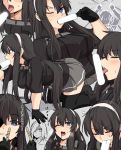  1boy 1girl bangs black_footwear black_gloves black_hair black_legwear blue_eyes blush breasts collarbone commentary_request crossdressing eyebrows_visible_through_hair fate/grand_order fate_(series) food fujimaru_ritsuka_(male) gloves grey_skirt hair_between_eyes hairband holding large_breasts long_hair looking_at_viewer mash_kyrielight multiple_views one_eye_closed open_mouth popsicle sexually_suggestive shiseki_hirame shoes skirt thighhighs tongue tongue_out translation_request white_hairband 