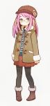 ayu_(mog) black_legwear blue_eyes blue_shirt boots brown_coat brown_footwear brown_headwear casual closed_mouth coat full_body fur-trimmed_boots fur-trimmed_sleeves fur_trim glasses hashimoto_nyaa hat long_hair long_sleeves looking_at_viewer multicolored_hair open_clothes open_coat osomatsu-san pantyhose pigeon-toed pink_hair pleated_skirt red_skirt round_eyewear shirt simple_background skirt standing streaked_hair striped striped_shirt white_background 