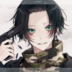  1boy black_hair bullet finger_on_trigger green_eyes gun hair_ornament hairclip handgun highres holding holding_gun holding_weapon jewelry looking_at_viewer myuhuaki original parted_lips pistol short_hair single_earring smile soldier solo twitter_username upper_body weapon 