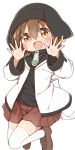  1girl :d animal_ears animal_hat ayanepuna bangs black_headwear black_shirt blush brown_eyes brown_footwear brown_hair brown_skirt ear_piercing eyebrows_visible_through_hair fake_animal_ears fang hair_between_eyes hands_up hat highres jacket loafers long_sleeves looking_at_viewer mei_(ayanepuna) open_clothes open_jacket open_mouth original piercing pleated_skirt shirt shoes simple_background skirt smile solo thighhighs white_background white_jacket white_legwear zipper_pull_tab 