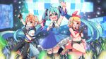  1boy 2girls :d ;q \m/ ahoge aqua_eyes aqua_hair arm_up bangs bass_clef black_gloves black_legwear black_neckwear black_shorts blonde_hair blue_eyes blue_shirt blue_skirt blush bow breasts brother_and_sister capri_pants collared_shirt commentary_request concert cowboy_shot detached_sleeves disco_ball drawstring eyebrows_visible_through_hair fingerless_gloves frilled_skirt frills fur-trimmed_footwear gloves glowstick grey_footwear hair_between_eyes hair_bow hair_ornament hairclip hatsune_miku headphones holding holding_microphone hood hood_down hooded_shirt hooded_vest index_finger_raised jumping kagamine_len kagamine_rin long_hair looking_at_viewer medium_breasts microphone midriff multiple_girls music navel necktie one_eye_closed open_clothes open_hand open_mouth open_shirt orange_belt pants pink_bow pink_vest screen shirt shoes short_hair short_necktie short_shorts short_sleeves shorts showgirl_skirt siblings sidelocks singing skirt sleeveless sleeveless_shirt smile sneakers socks sparkle stage stage_lights standing standing_on_one_leg thighhighs tongue tongue_out twins twintails very_long_hair vest vocaloid white_shirt yasuko_ame zettai_ryouiki 